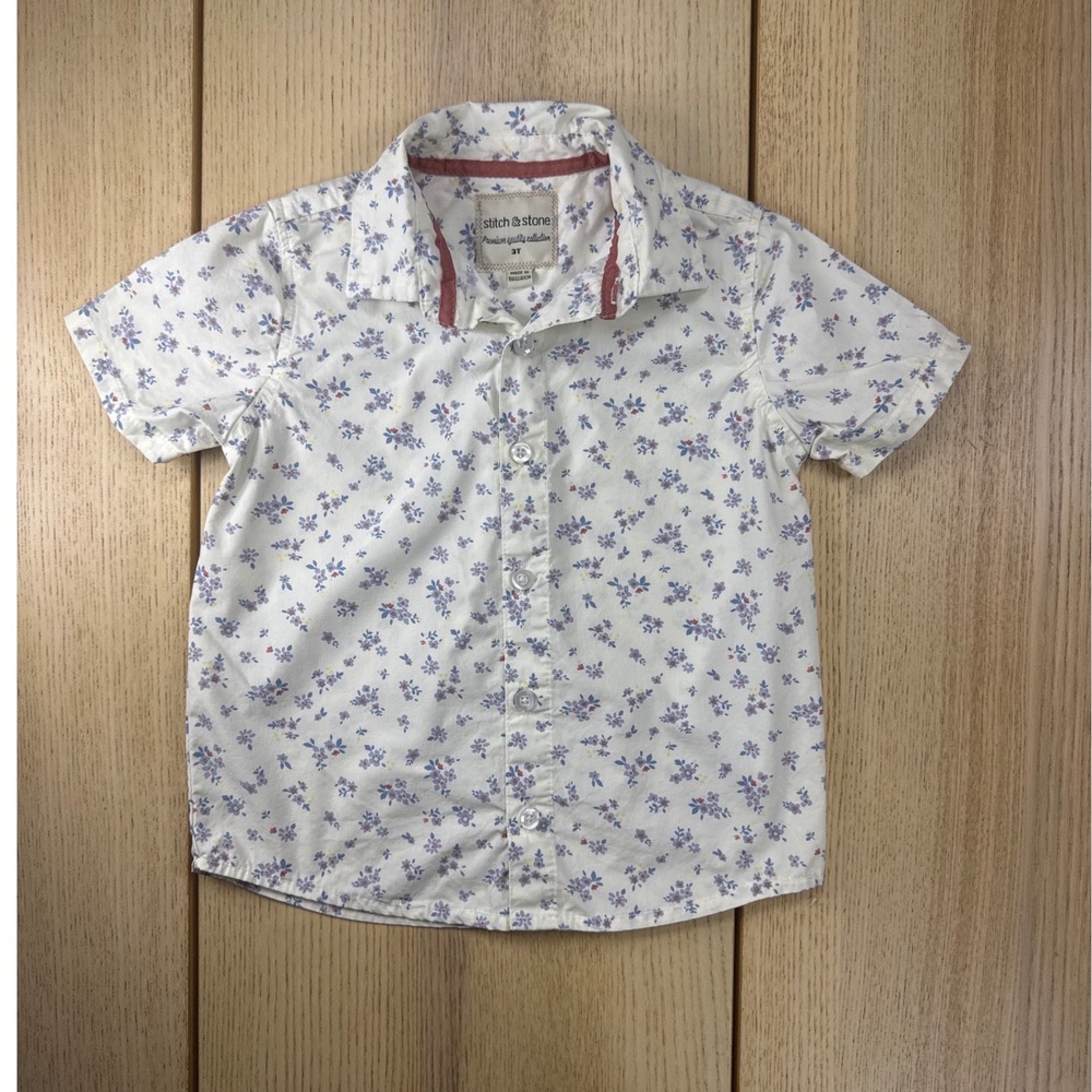 Stitch & Stone Boys Floral Short Sleeve Button Down Shirt White Blue 3T 2M3473